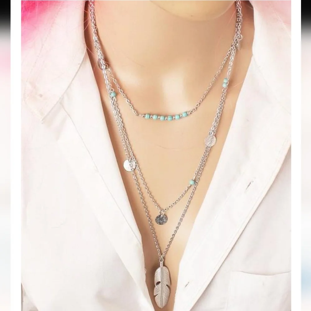 Boho Feather Layered Necklace With Simulated Turquoise Beads - Picture 1 of 7